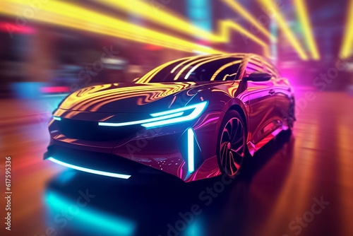 Captivating electric car radiating a mesmerizing display of shimmering lights, epitomizing futuristic elegance and eco-conscious luxury. generative Al. © Surachetsh