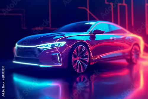 Captivating electric car radiating a mesmerizing display of shimmering lights, epitomizing futuristic elegance and eco-conscious luxury. generative Al.