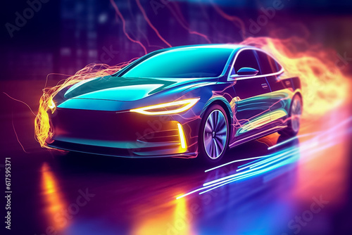 Captivating electric car radiating a mesmerizing display of shimmering lights  epitomizing futuristic elegance and eco-conscious luxury. generative Al.
