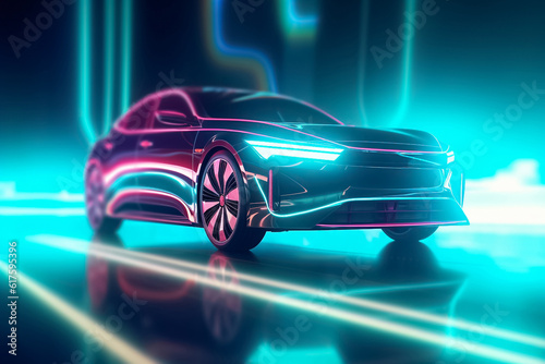 Captivating electric car radiating a mesmerizing display of shimmering lights, epitomizing futuristic elegance and eco-conscious luxury. generative Al. © Surachetsh
