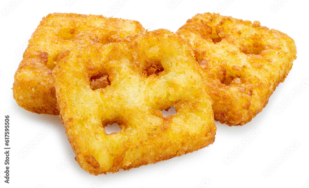 Crispy Hash Browns isolated on white background, Crispy Hash Browns on white With clipping path. Crispy Hash Browns isolated on white background, Crispy Hash Browns on white With clipping path.