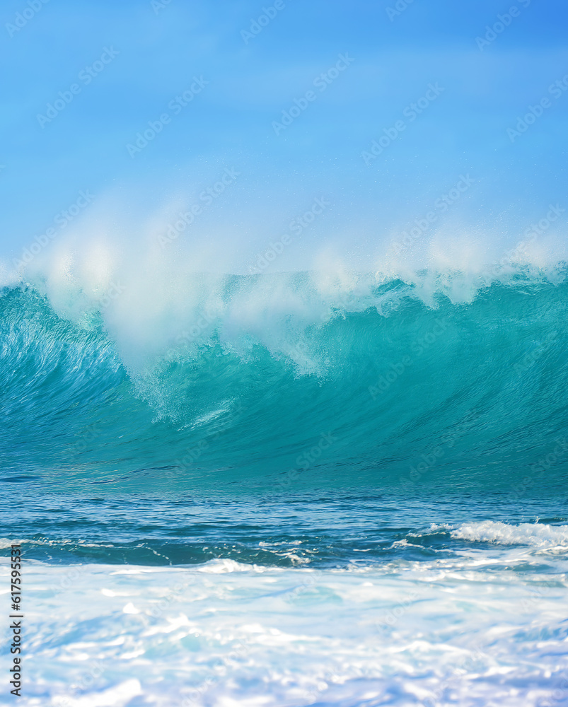 Powerful wave breaks in the ocean waters against a backdrop of clear blue sky