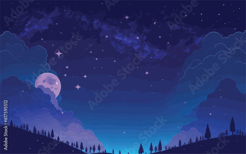 background illustration with a dreamy celestial theme. cosmic landscape with a starry sky, distant galaxies, and celestial objects. wonder and mystery. fantasy themed designs, album covers, or