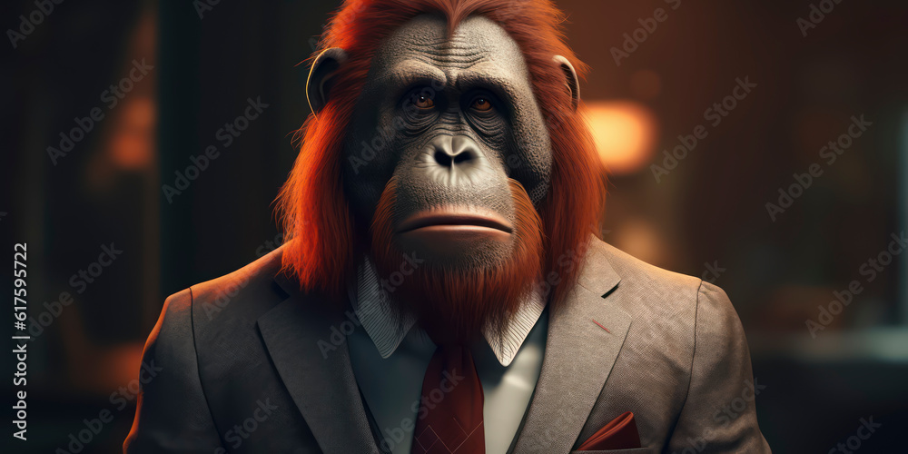 A portrait of a Orangutan wearing a business suit. AI Generated A portrait of a Orangutan wearing a business suit. AI Generated