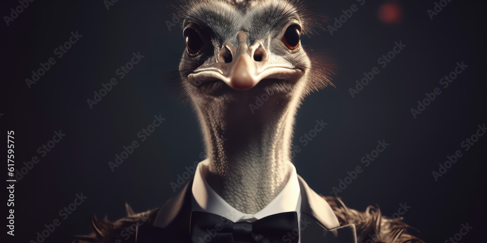 A portrait of a Ostrich wearing a business suit. AI Generated