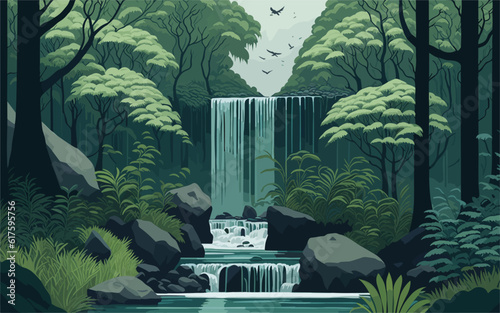 tranquil illustration a serene waterfall nestled within a lush forest. Depict the waterfall cascading down moss covered rocks, surrounded by verdant foliage and trees. natural beauty. for nature