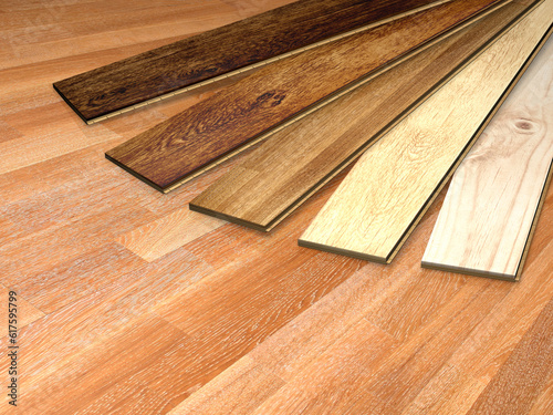 New planks of oak parquet of different colors on wooden floor. 3d render