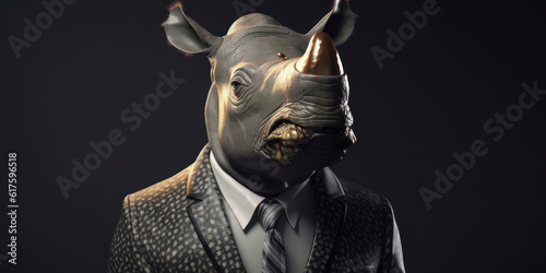 A portrait of a Rhinoceros wearing a business suit. AI Generated