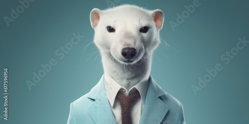 A portrait of a Snow Weasel wearing a business suit. AI Generated