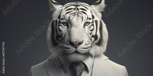 A portrait of a White Bengal tiger wearing a business suit. AI Generated