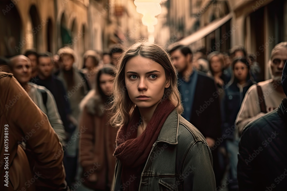 Fototapeta premium depressed girl walking down an old city street in a crowd 
