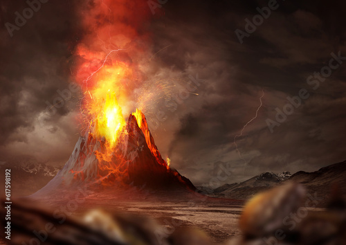 Massive Volcano Eruption. A large volcano erupting hot lava and gases into the atmosphere. 3D Illustration.