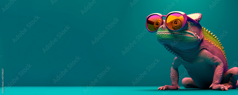 Fototapeta chameleon wearing sunglasses on a solid color background, vector art, digital art, faceted, minimal, abstract, panorama background. Generative AI.