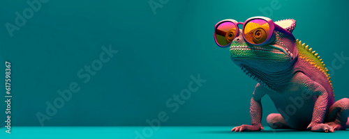 Fototapeta chameleon wearing sunglasses on a solid color background, vector art, digital art, faceted, minimal, abstract, panorama background. Generative AI. 