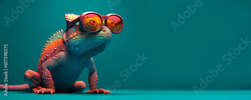 chameleon wearing sunglasses on a solid color background, vector art, digital art, faceted, minimal, abstract, panorama background. Generative AI.  photo