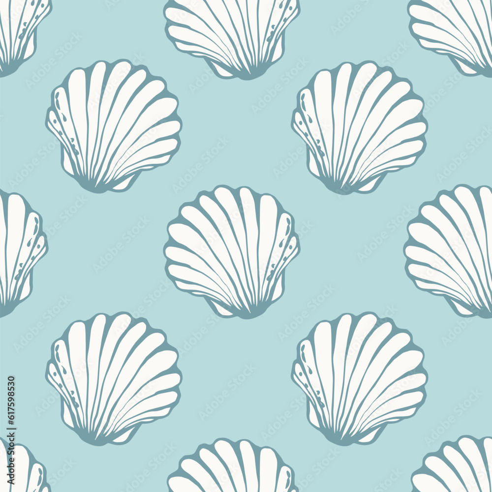 Scallop seashells seamless pattern hand drawn blue marine bathroom wallpapers print design