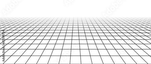 Abstract flat wireframe grid. Vanishing checkered floor landscape. Horizontal chessboard plane fading in perspective. Black and white lattice surface background. Vector illustration 