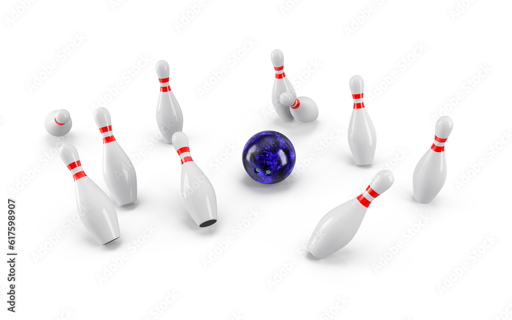 Bowling Ball crashing into the pins isolated on white background. With shadow. Perspective view. For logo, advertising, wallpaper, print etc. Bowling Ball crashing into the pins isolated on white background. With shadow. Perspective view. For logo, advertising, wallpaper, print etc.