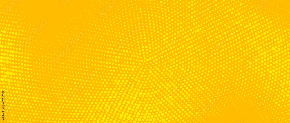 Fototapeta premium Yellow radial halftone background. Retro comic grain pixel texture. Pixelated dots cartoon wallpaper. Pop art fading wavy gradient pattern. Vector vanishing gritty backdrop.