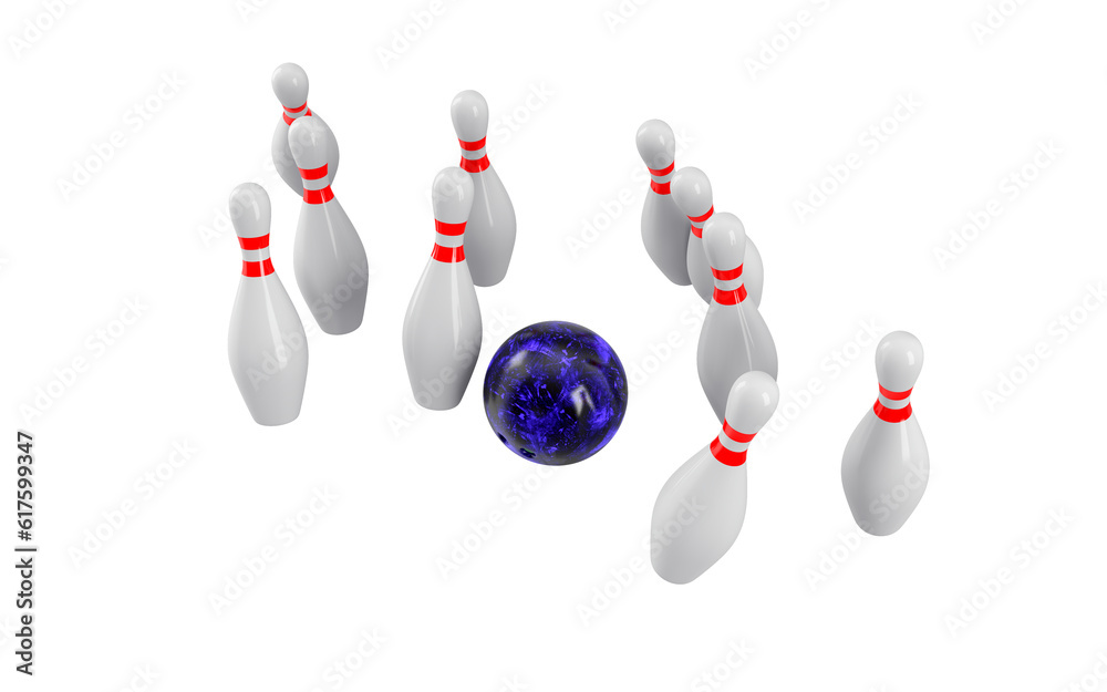 Bowling Ball crashing into the pins isolated on white background. Without shadow. Perspective view. For logo, advertising, wallpaper, print etc. Bowling Ball crashing into the pins isolated on white background. Without shadow. Perspective view. For logo, advertising, wallpaper, print etc.