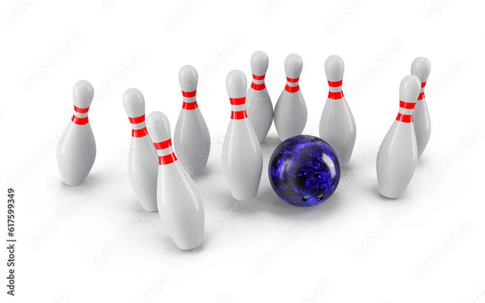 Bowling Ball crashing into the pins isolated on white background. With shadow. Perspective view. For logo, advertising, wallpaper, print etc. Bowling Ball crashing into the pins isolated on white background. With shadow. Perspective view. For logo, advertising, wallpaper, print etc.