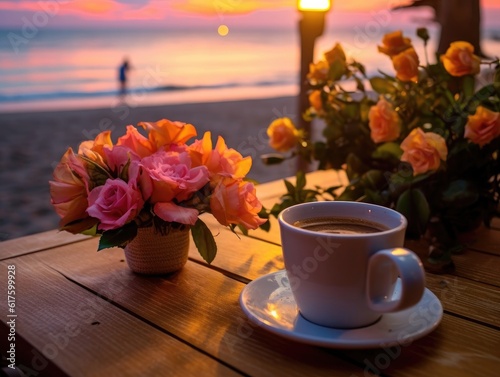 Wallpaper Mural A cup of coffee and vase of flowers on the wooden table in front of the beach in a vanilla-sky evening atmosphere. Generative AI Torontodigital.ca