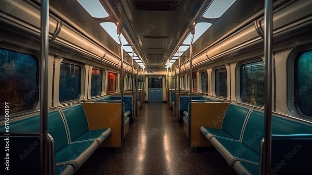 Futuristic Metro Train Interior: A Glimpse into a Brightly Lit and Clean Aesthetic Compartment