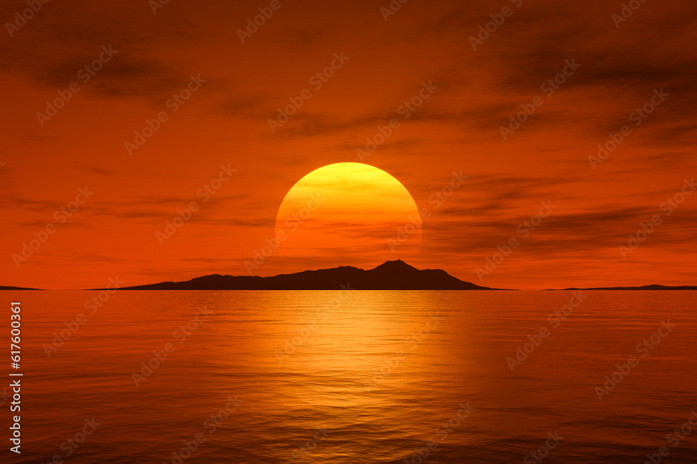 3d rendering of a big beautiful fantasy sunset over the ocean