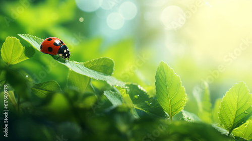新鮮なジューシーな緑の葉と自然の中で太陽の光に照らされたてんとう虫のワイドフォーマットの背景GenerativeAI