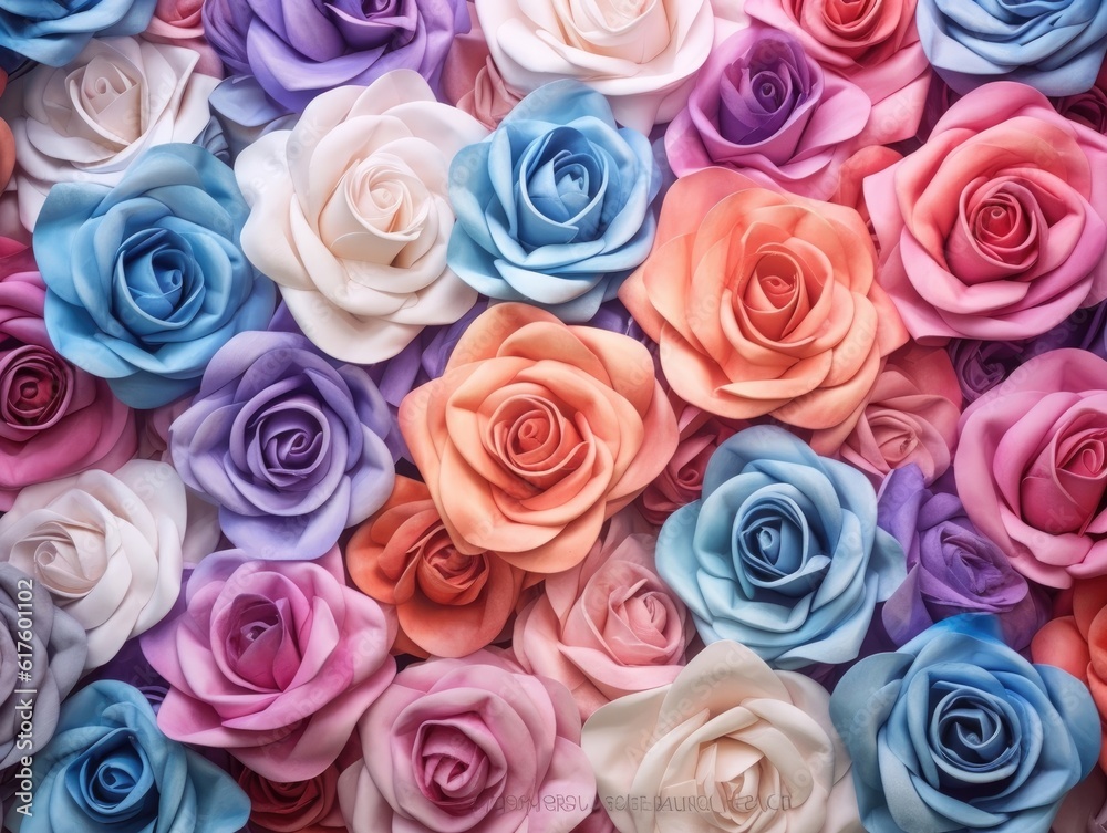 Flowers wall background with colorful rose flower made from paper crowding in the frame, in the style of an aerial view. Generative AI Flowers wall background with colorful rose flower made from paper crowding in the frame, in the style of an aerial view. Generative AI