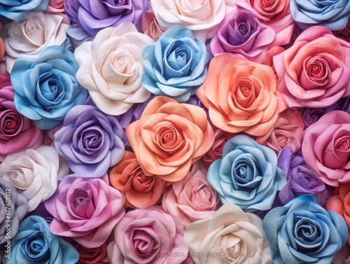 Flowers wall background with colorful rose flower made from paper crowding in the frame  in the style of an aerial view. Generative AI