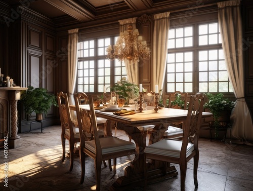Wide angle view of the dining room in British style with dining sets  sunlight shines through windows. Generative AI