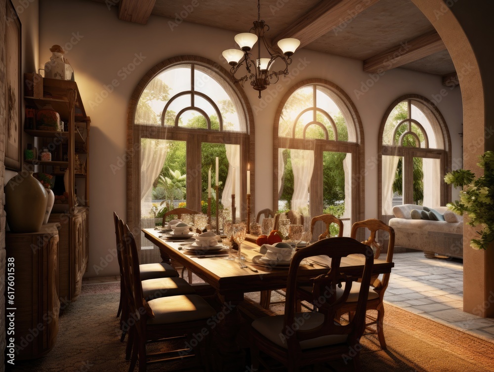 Fototapeta premium Wide angle view of dining room in Mediterranean style and dining sets, view outside through arched windows. Generative AI
