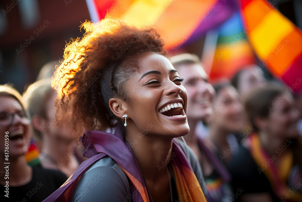 Close-up of a woman in a Pride Celebration. Love and Unity in Full Color. Generative AI.