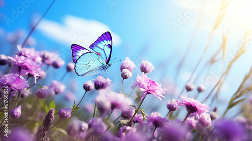 青い空を背景に草の中の野生の白い紫の花に紫の蝶GenerativeAI