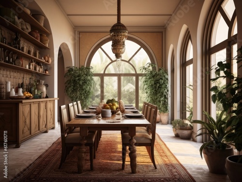 Wide angle view of a 3D model dining room for dining room Mediterranean style and dining sets in the style of warm. Generative AI