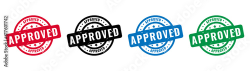 Approved stamp rubber grunge effect in red black blue green color.