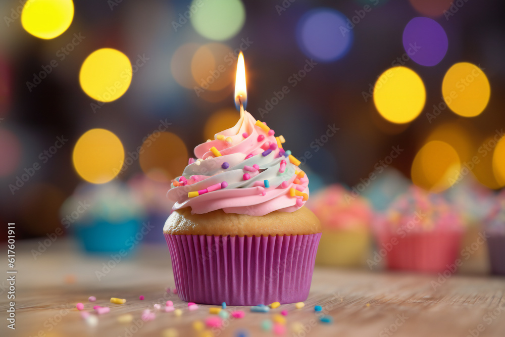 Delicious birthday cupcake on table on light background Generative AI