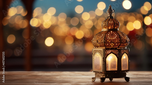 背景にホリデーライトとモスクの美しいボケ味を持つ、オリジナルの伝統的な華やかな東洋のランタンGenerativeAI