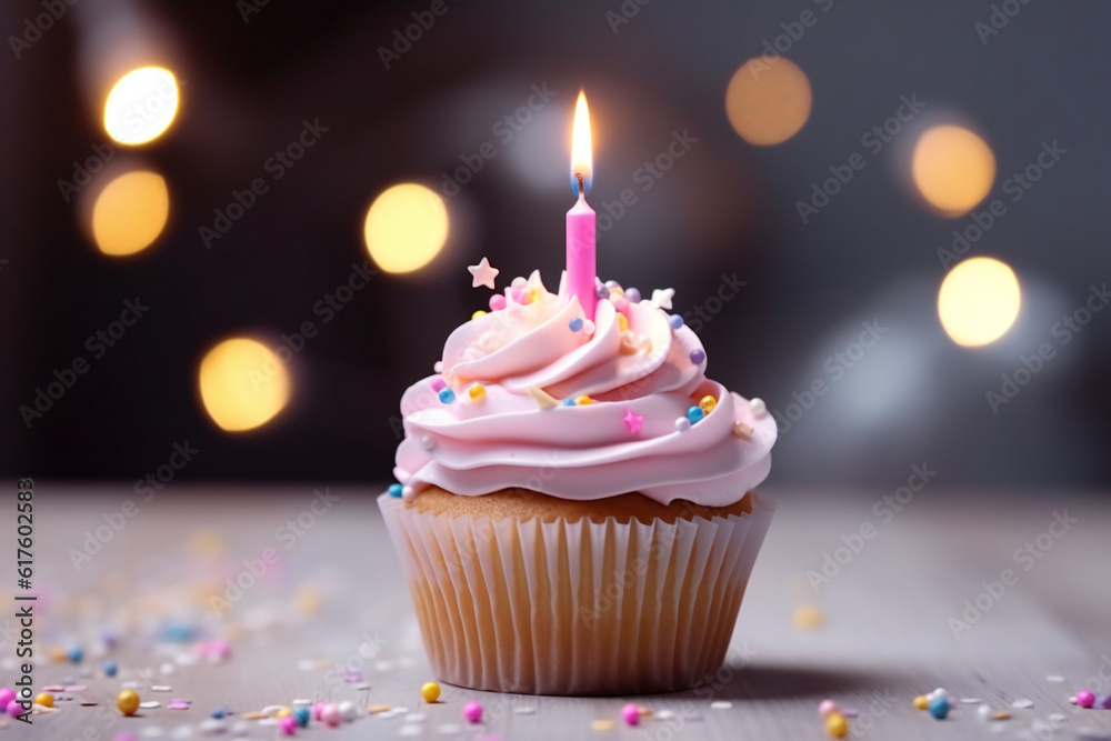 Delicious Pink birthday cupcake on table on light background
Delicious Pink birthday cupcake on table on light background