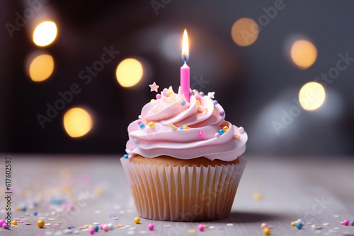 Delicious Pink birthday cupcake on table on light background
