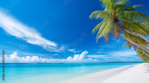 明るい暑い晴れた日に白い砂とヤシの木、ターコイズブルーの海の美しい海景の熱帯のビーチ。雲と青い空。夏休みGenerativeAI © enopi