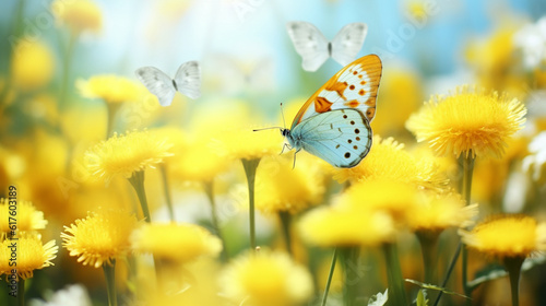 明るい晴れた日に屋外の自然の草原に黄色のサントリーナの花と蝶の陽気な陽気な春夏ショットGenerativeAI © enopi