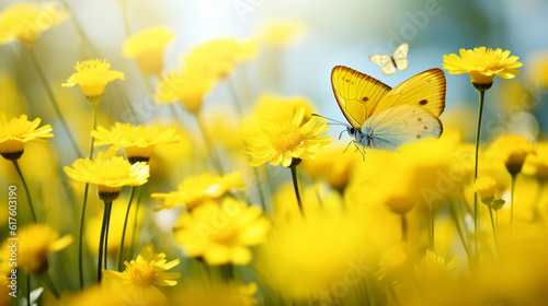 明るい晴れた日に屋外の自然の草原に黄色のサントリーナの花と蝶の陽気な陽気な春夏ショットGenerativeAI