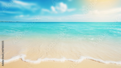 明るい晴れた日に金色の砂浜、ターコイズブルーの海、白い雲と青い空を持つ熱帯の夏のビーチ。夏休みのカラフルな風景GenerativeAI