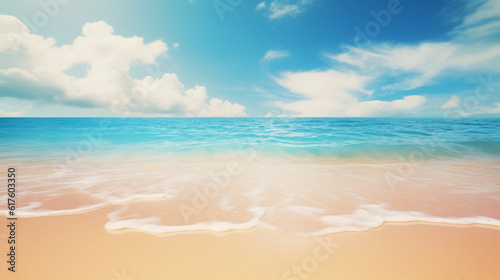 明るい晴れた日に金色の砂浜、ターコイズブルーの海、白い雲と青い空を持つ熱帯の夏のビーチ。夏休みのカラフルな風景GenerativeAI © enopi