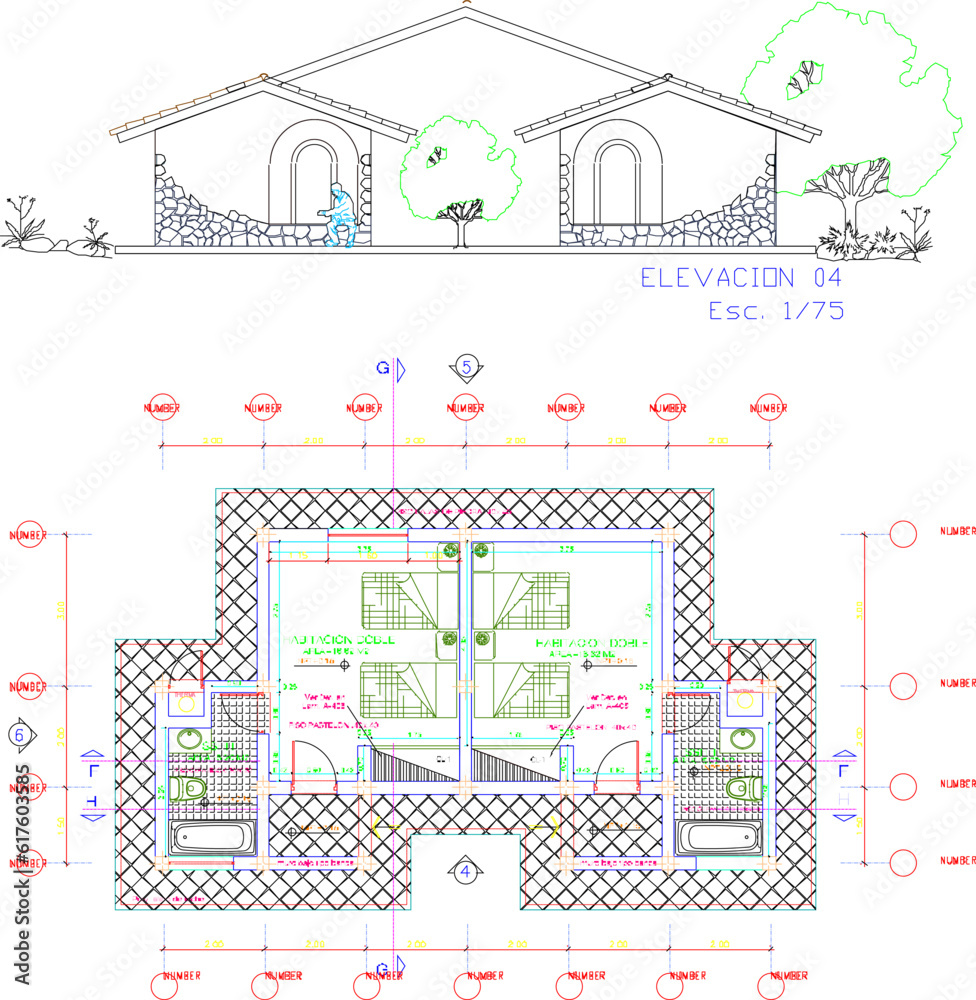 Sketch vector illustration of a 2 door inn homestay architectural design for rest