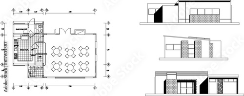 Vector sketch of a simple modern minimalist cafe restaurant architectural design illustration