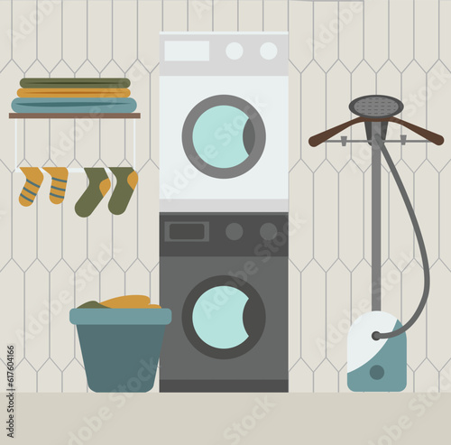 Laundry room Vector illustration in flat style Washing machine and basket with clothes