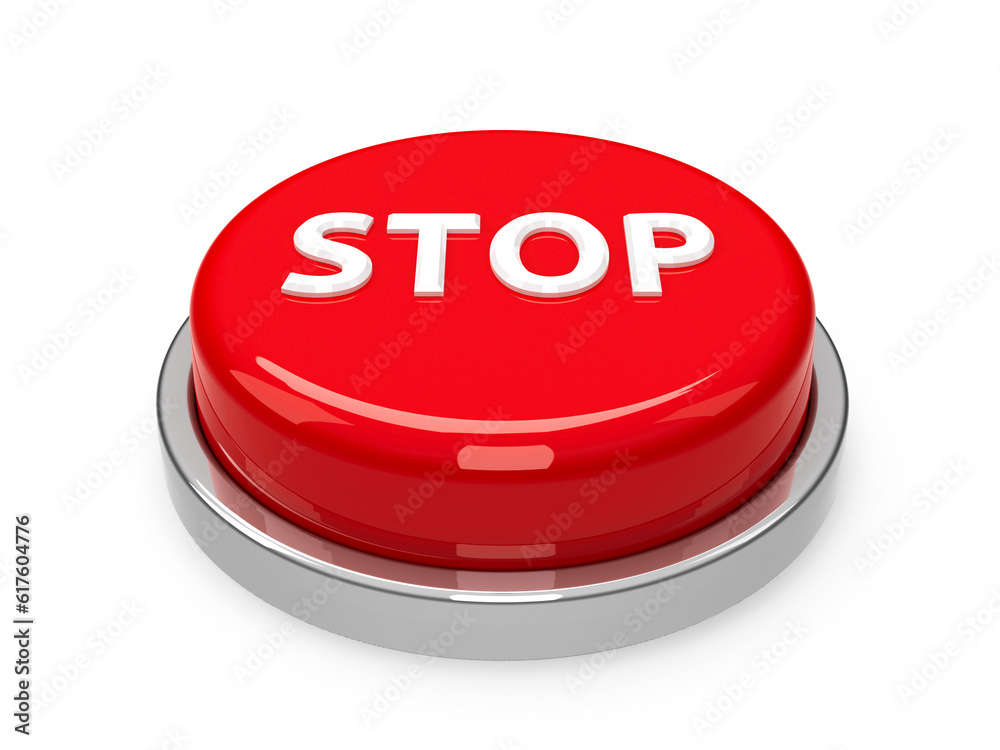 Red stop button isolated on white background, three-dimensional rendering, 3D illustration Red stop button isolated on white background, three-dimensional rendering, 3D illustration